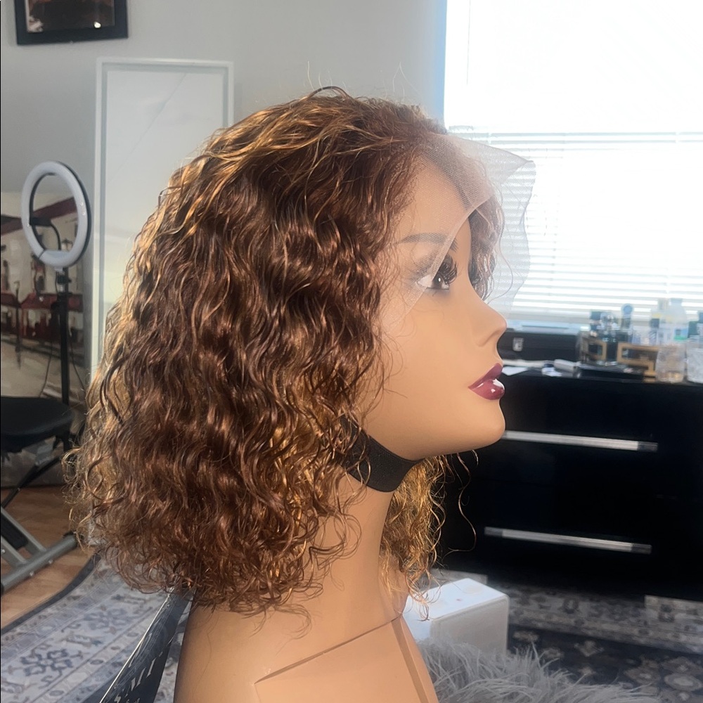 Curly Brown and blonde Hair  lace Wig free parting 10”
100% human